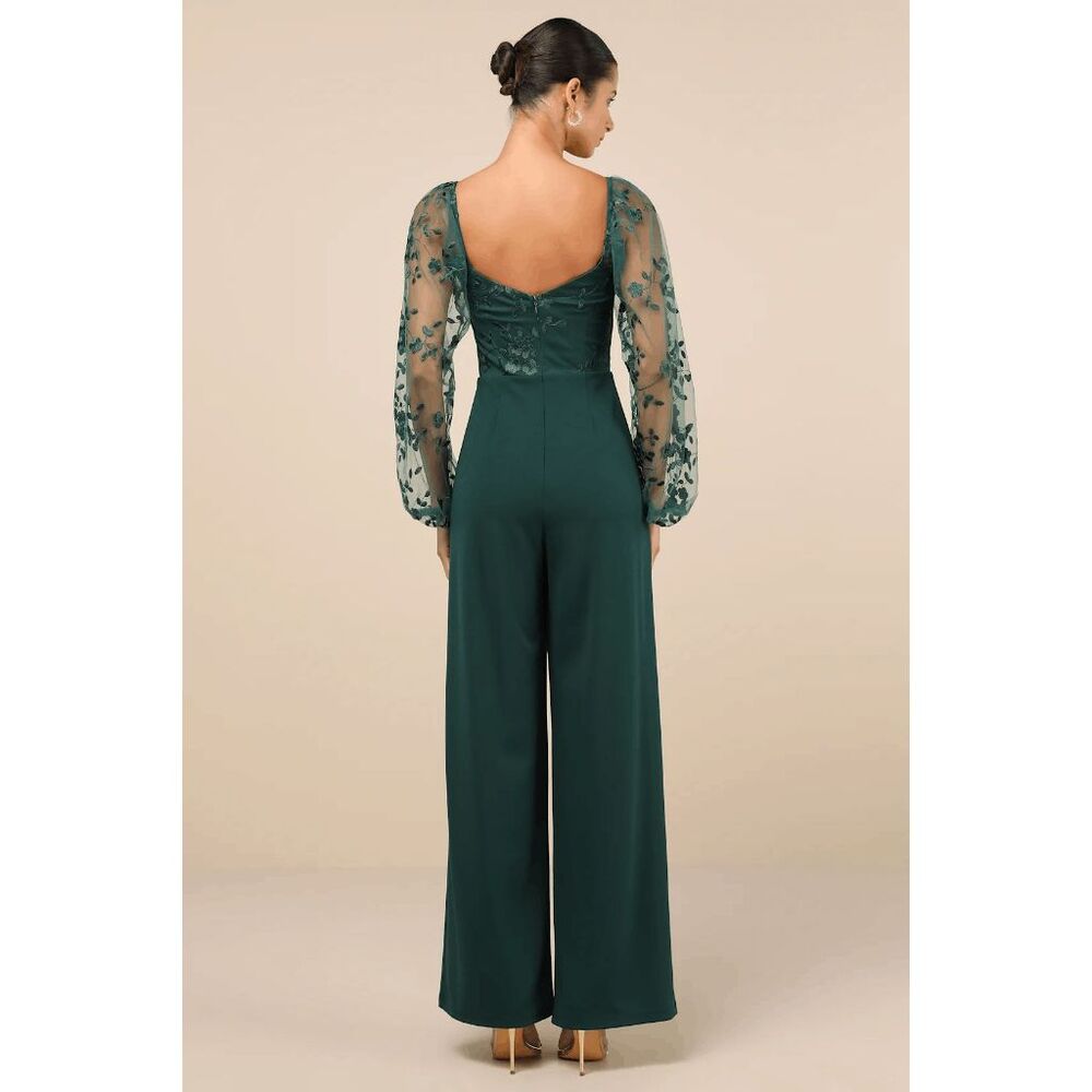 NWT Lulus Darling Charisma Emerald Green Mesh Embroidered Jumpsuit Size Small - Picture 3 of 4